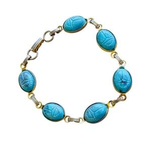 VTG Egyptian Revival Blue Scarab Link Bracelet Gold Tone Lucite Statement Retro